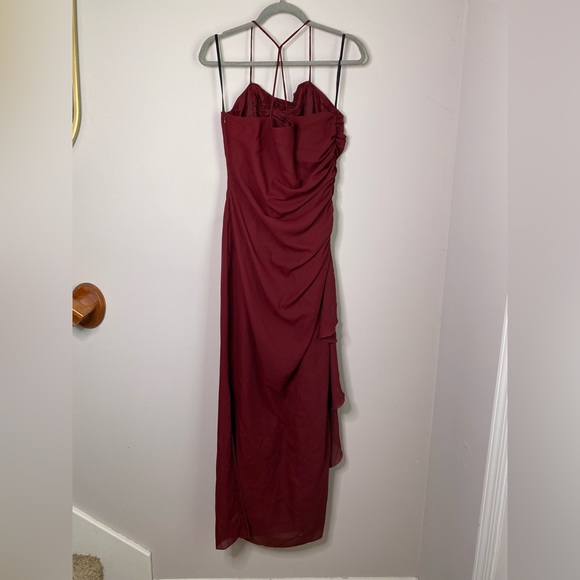 Women’s Ruffle Sleeveless Night Scene 90s Burgundy Prom Dress with shawl - Picture 6 of 9